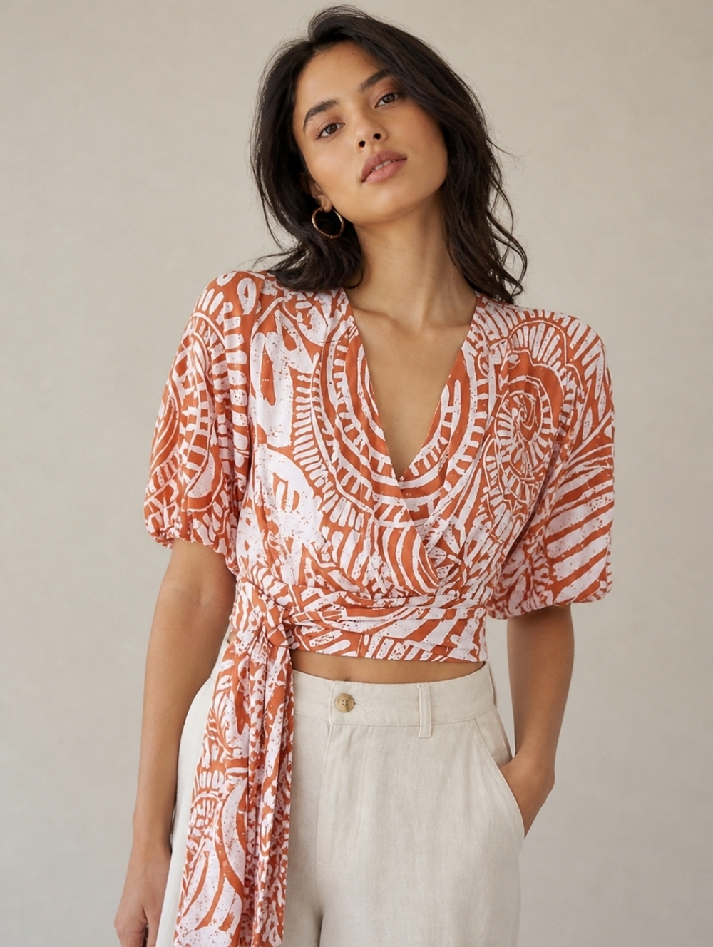 Anthropologie Rust and White Wrap Crop Top with Tie